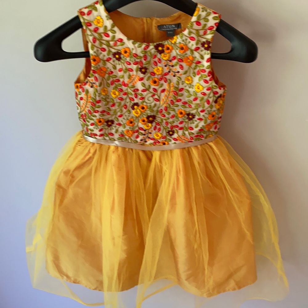 Yellow Floral Girls’ Dress with Tulle Skirt